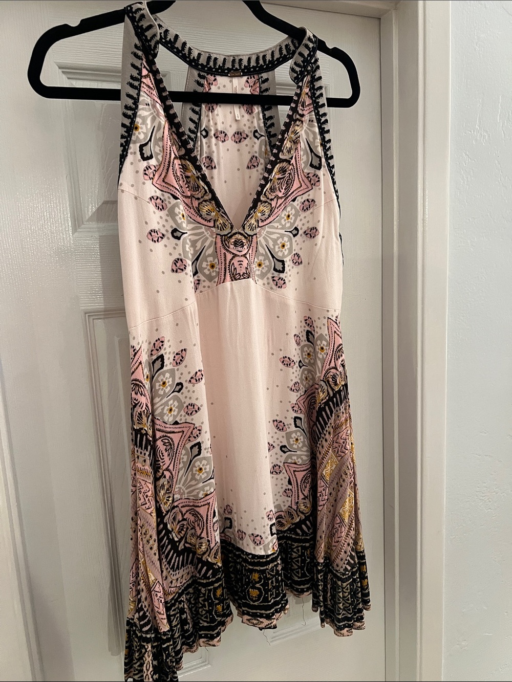Free People Pale Pink Paisley V-Neck Mini Dress with Black Trim